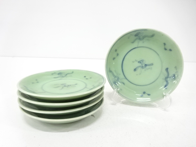 JAPANESE CERAMICS / SMALL PLATE / SET OF 5 / CELADON GLAZE / PERSON